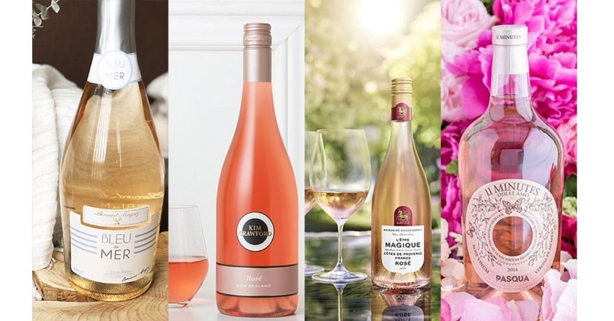 四款來自不同產區的粉紅酒，展現各自風味與色澤，包括法國、紐西蘭與義大利酒款